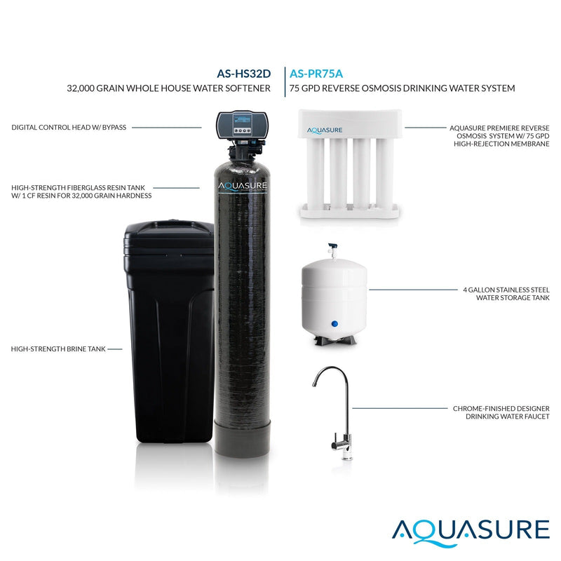 Aquasure Harmony Series | 32,000 Grains Whole House Water Softener & 75 GPD Reverse Osmosis System Bundle