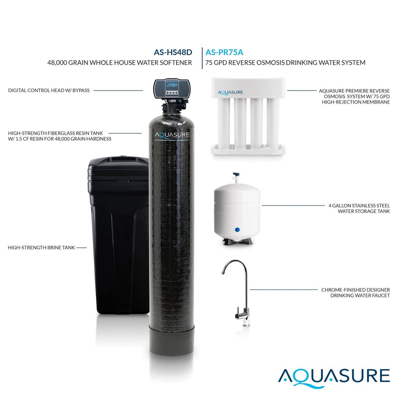 Aquasure Harmony Series | 48,000 Grains Whole House Water Softener & 75 GPD Reverse Osmosis System Bundle