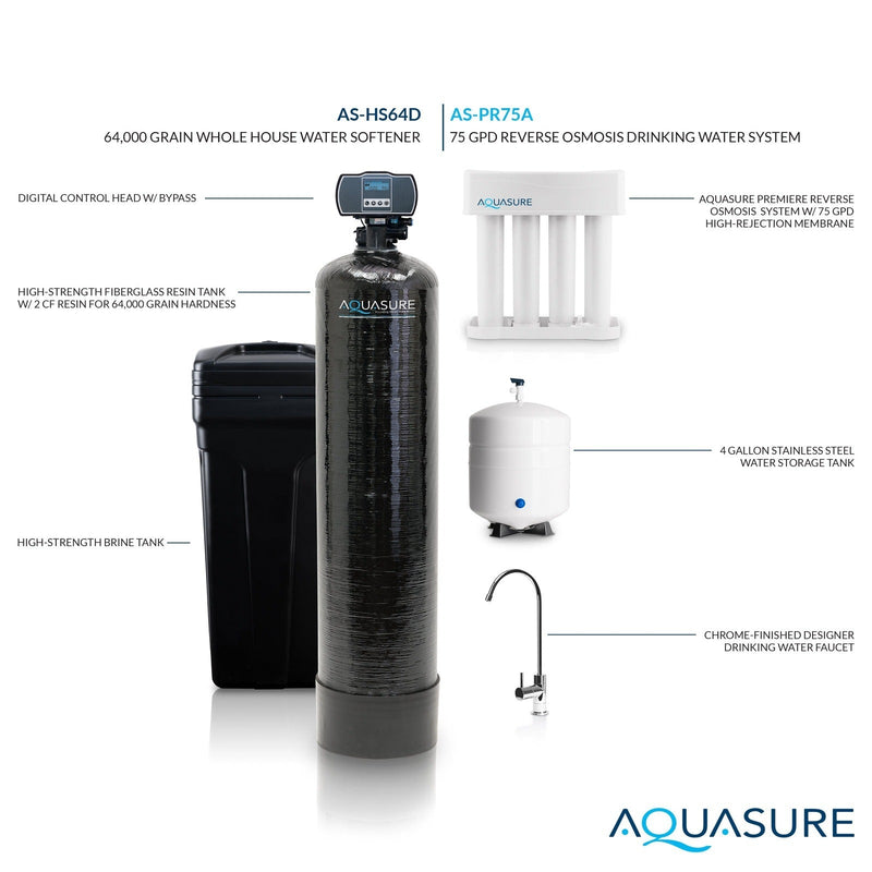 Aquasure Harmony Series | 64,000 Grains Whole House Water Softener & 75 GPD Reverse Osmosis System Bundle