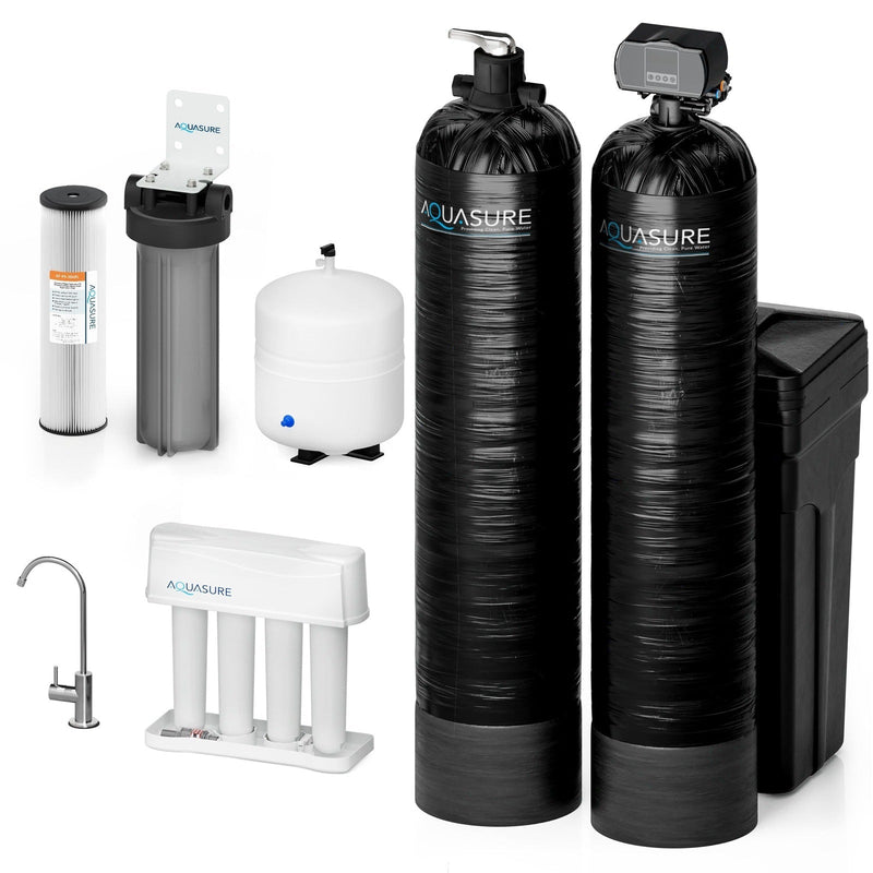 Aquasure Signature Elite | 1,500,000 Gallons Whole House Water Filter Treatment Bundle with 64,000 Grains Softener, 75 GPD Reverse Osmosis System