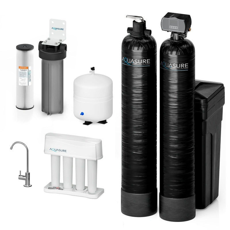 Aquasure Signature Elite | 600,000 Gallons Whole House Water Filter Treatment Bundle with 32,000 Grains Softener, 75 GPD Reverse Osmosis System